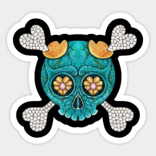 Cute skull and crossbones set with diamond pink sapphire rose gold and turquoise. Sticker